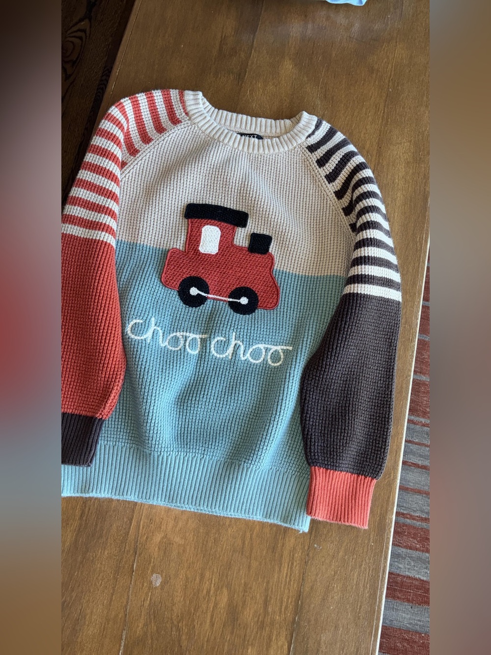 next Sweater in Cream with Light Blue Trim